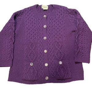 Aran Crafts Irish Wool Cardigan Sweater Knit Purple Size L 100% Merino Wool
